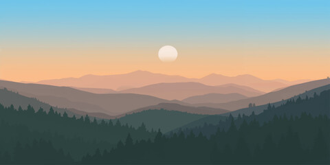 Obraz premium A peaceful mountain landscape showing sunrise and sunset with misty clouds over valleys and forests