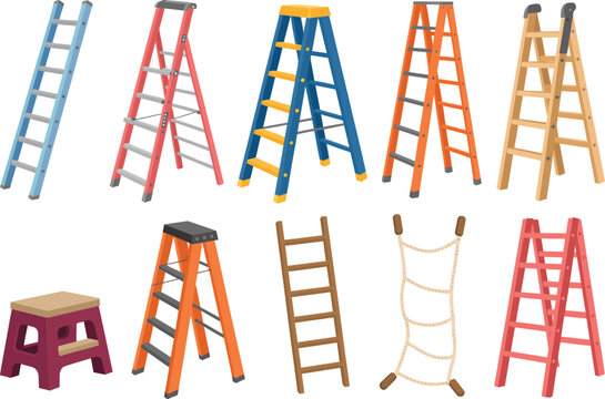 Rope ladder vector illustration set, cartoon-style collection of different wooden rope ladders and climbing tools isolated on white background for adventure themes, games, education, and outdoor desig