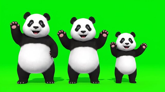 Three adorable pandas waving hello on a green screen background, perfect for fun animations and projects