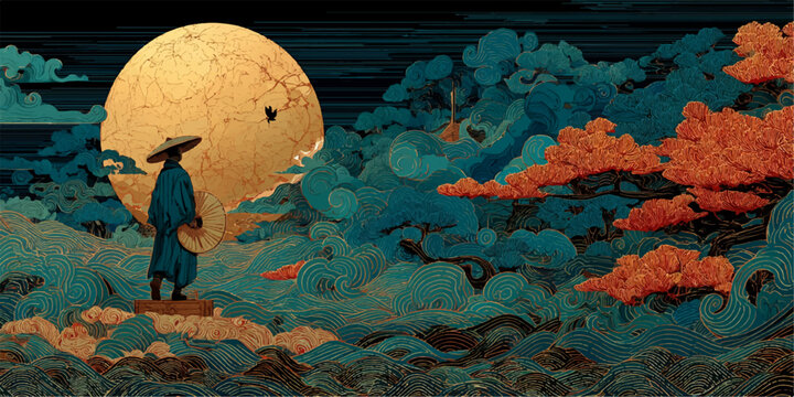 Abstract Asian Landscape with Gold Moon and Trees
