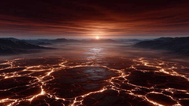 Venus volcanic horizon with rivers of glowing magma, cracked rocky ground, layered distant hills, dense hot atmosphere, deep red and amber color palette, wide panoramic extraterres