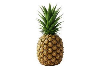 A single pineapple with a green crown sitting on a white background.