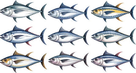 Tuna fish vector illustration set in realistic style. Multiple tuna variations shown in side view with detailed fins and textures. Perfect for seafood, fishing and marine themed designs.