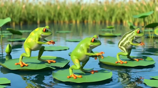 A lively trio of vibrant green frogs with expressive poses performing an energetic dance on large, floating lily pads in a tranquil pond setting, capturing playful aquatic behavior
