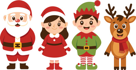Cute Christmas character illustration set. Santa Claus, girl, elf and reindeer in cheerful cartoon style. Festive holiday vector collection for kids designs, cards and decorations. © IVY QUEEN