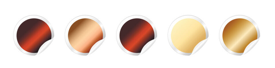 Gold and copper round stickers with curled edge, vector illustration. Blank adhesive labels in metallic gold, bronze and rose gold.