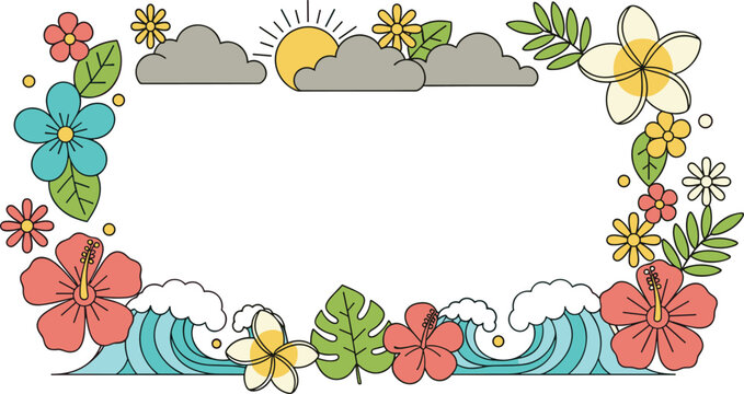 Colorful Tropical Summer Border Frame with Hibiscus Flowers, Palm Leaves, Monstera, Cocktails, and Disco Ball for Luau Party Invitations and Seasonal Event Background