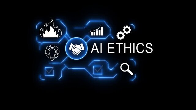 Man in suit touching ai ethics interface with scales lightbulb and magnifying glass icons displayed 4K VIDEO...