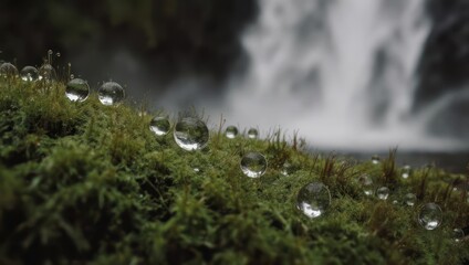Close up of dew drops on moss with a waterfall in the background.