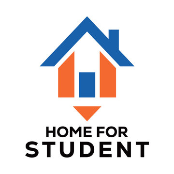 Modern home for student logo vector combining a house icon with a stylized student silhouette (graduation cap or figure), representing safe housing, education, and comfortable living for students, iso