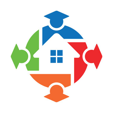 Modern home for student logo vector combining a house icon with a stylized student silhouette (graduation cap or figure), representing safe housing, education, and comfortable living for students, iso