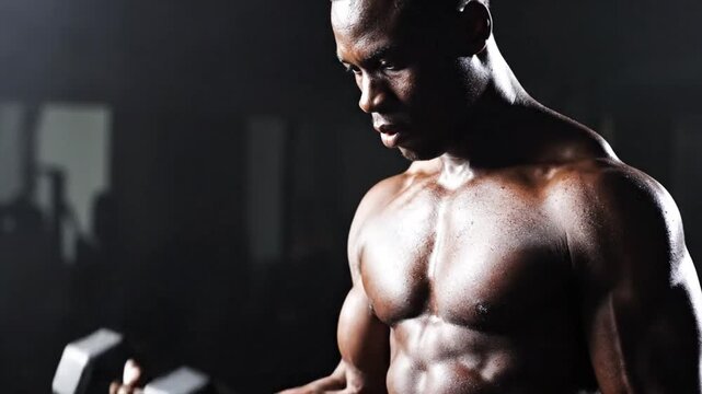 Muscular athlete intensely focuses during a low-key dumbbell bicep curl, highlighted by dramatic side lighting emphasizing chiseled abdominal muscles.