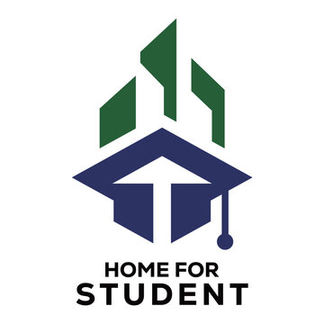 Modern home for student logo vector combining a house icon with a stylized student silhouette (graduation cap or figure), representing safe housing, education, and comfortable living for students, iso
