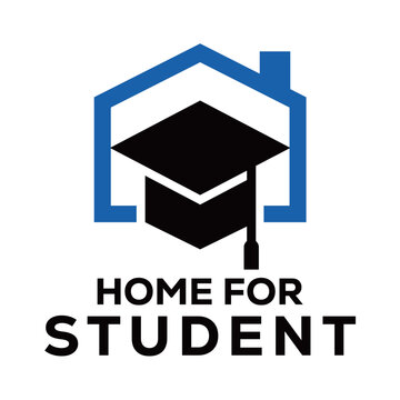 Modern home for student logo vector combining a house icon with a stylized student silhouette (graduation cap or figure), representing safe housing, education, and comfortable living for students, iso