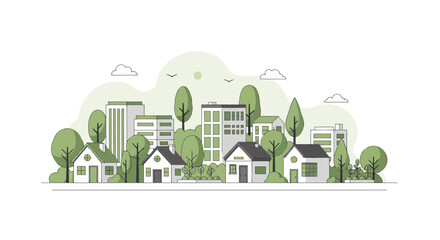 Fototapeta premium Modern Eco Cityscape with Green Trees and Buildings, Flat Design