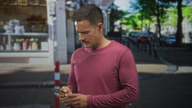 Man with mustache looking at a smartphone, tapping and scrolling the screen while standing on a street outside a storefront and parked cars, wearing a long sleeve top; concern.