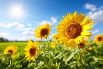 Obraz premium Bright Sunflowers in a Field Underneath a Clear Sunny Sky