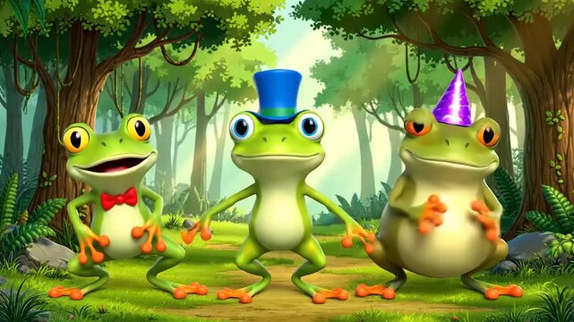 Three cartoon frogs in a forest setting, one wearing a blue top hat, another a red bow tie and the third a party hat