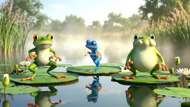 Three cartoon frogs performing a dance routine on lily pads in a serene pond