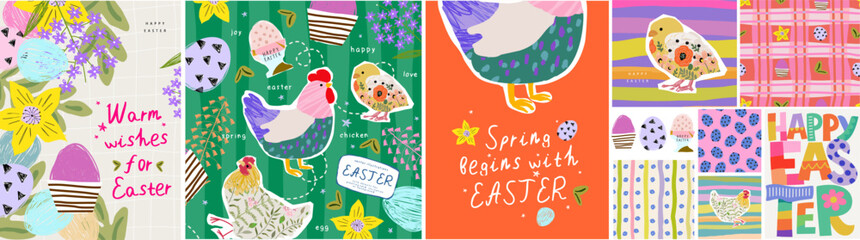 Naklejka premium Happy Easter. Cute modern vector illustrations of a chicken, chick, eggs, flowers, and a seamless pattern for spring greeting card, stickers, poster, invitation, background, textiles, postcard, scrapb