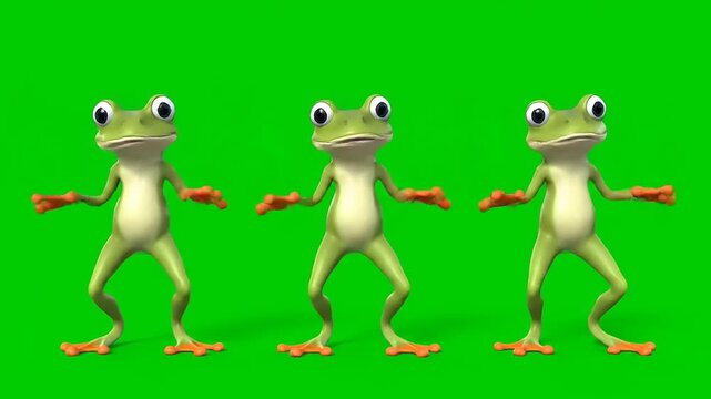 Three animated frogs dancing on a green screen background, perfect for digital content creation and video editing projects