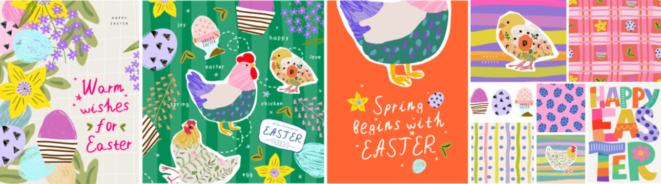 Happy Easter. Cute modern vector illustrations of a chicken, chick, eggs, flowers, and a seamless pattern for spring greeting card, stickers, poster, invitation, background, textiles, postcard, scrapb