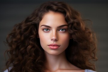 Studio portrait of beautiful young woman with long brown curly hair, perfect skin and green eyes, showing confidence and determination