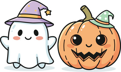 Fototapeta premium Cute Halloween sticker set featuring a kawaii ghost wearing a witch hat and a smiling pumpkin lantern, isolated on white background