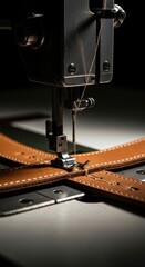 Industrial sewing machine stitching leather straps with precision and detail in a workshop setting
