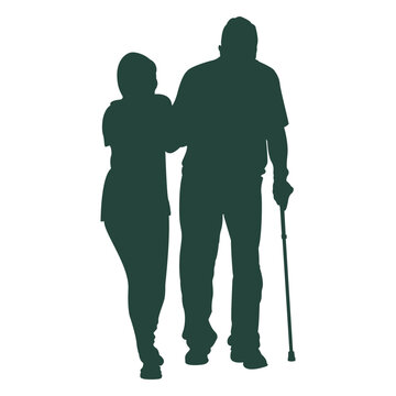 Elderly nurse walking cane silhouette