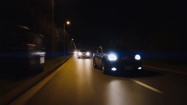 Cinematic Urban Night Scene showing Car Lights Approaching Highway Toll Station in Fast Forward