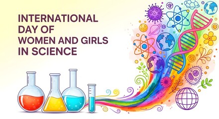 Fototapeta premium International day of women and girls in science with colorful beakers and dna
