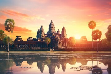 Angkor wat reflecting in still water with palm trees under a colorful sunrise sky