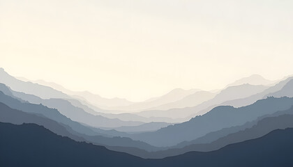 Fototapeta premium Serene mountain range layered in soft blue and white hues under a pale sky