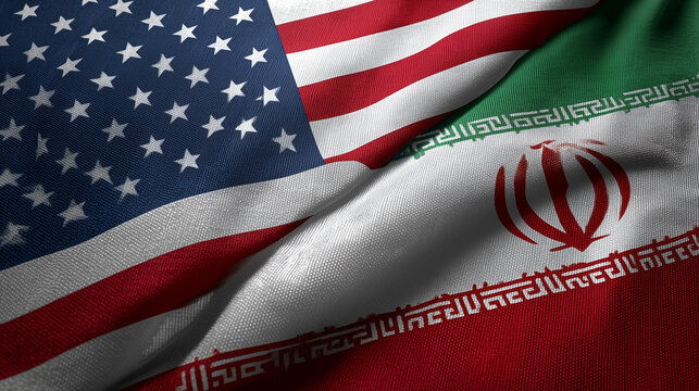 us flag waving next to iranian flag. relations usa iran