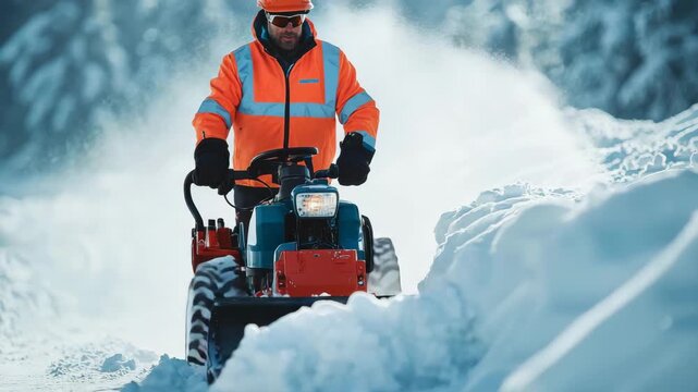 Man clears snow from road using snow blower in winter outside during daylight in a snowy environment