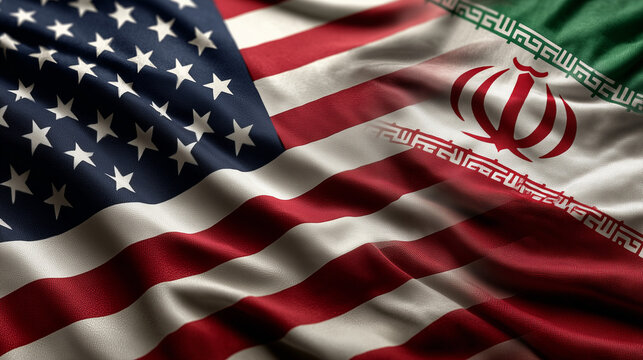 us flag waving next to iranian flag. relations usa iran