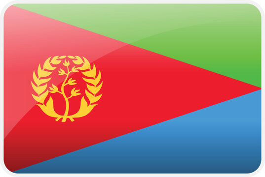 Glossy flag icon of Eritrea with red triangle, green and blue fields and golden olive branch wreath. Represents Eritrean national identity, heritage and African pride in a glass button