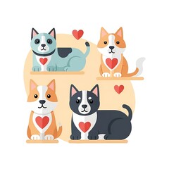 Fototapeta premium Four cute cartoon dogs with hearts on their chests, playful and loving characters