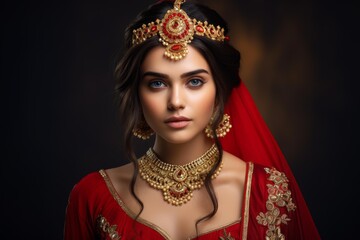 Fototapeta premium Indian woman posing confidently wearing a traditional red lehenga and elaborate golden jewelry