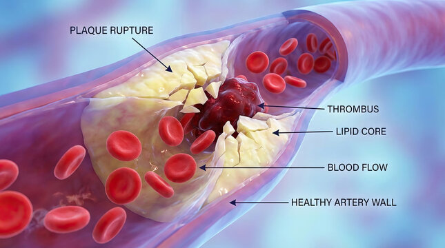 Plaque rupture in artery with thrombus formation and lipid core blocking blood flow inside healthy artery wall, showing red blood cells and vascular condition