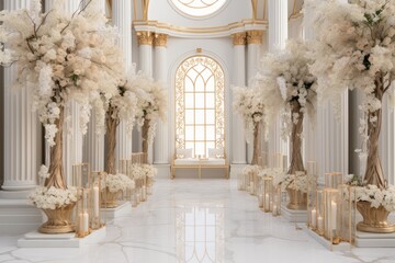 Naklejka premium Elegant wedding venue featuring floral arrangements, golden accents, and glowing candles in a bright hall
