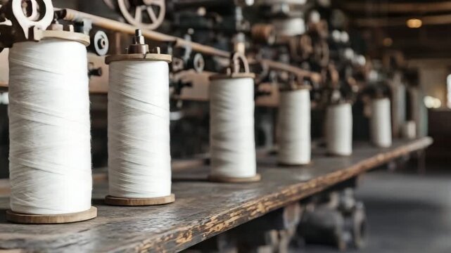 Exploring an old textile factory with spinning machines and thread spools in early morning light