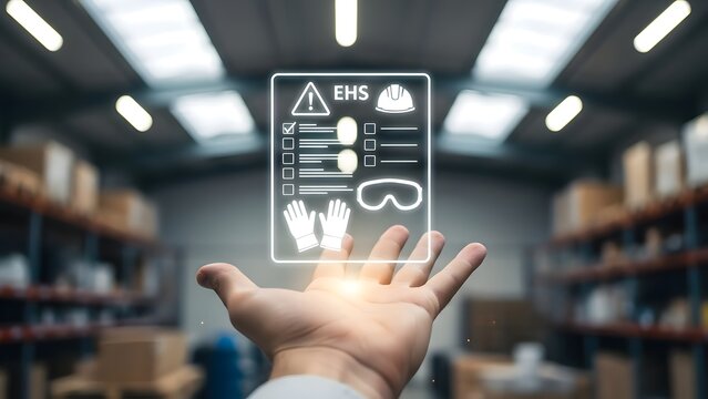 A hand holding a digital EHS checklist in a warehouse for workplace safety and health