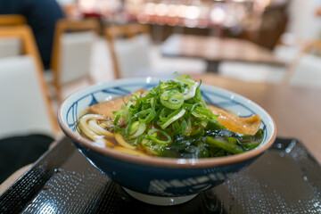 きつねうどんのアップ、ねぎとわかめ添え（和食・背景ボケ）