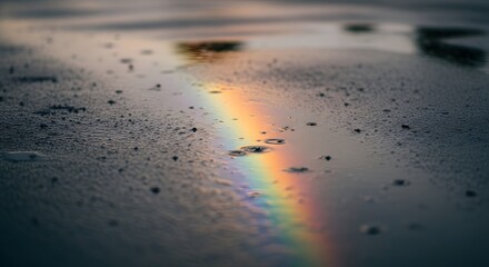 Fototapeta premium Vibrant rainbow appears on wet sand after rain shower