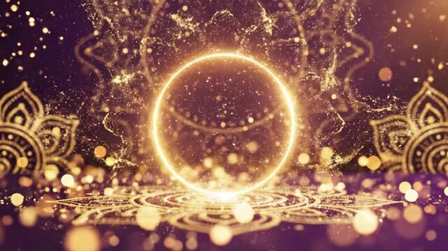 Golden glittering particles and mandala patterns with a glowing circle elegant abstract background video