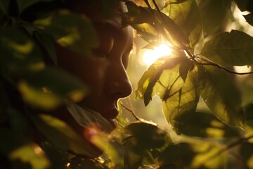 A person sits close to green leaves as the sun glows behind them, creating a warm backlit portrait with a soft peaceful profile 