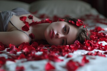 A woman lies on a bed surrounded by scattered red rose petals, gazing softly at the camera with a crown of petals in her hair.