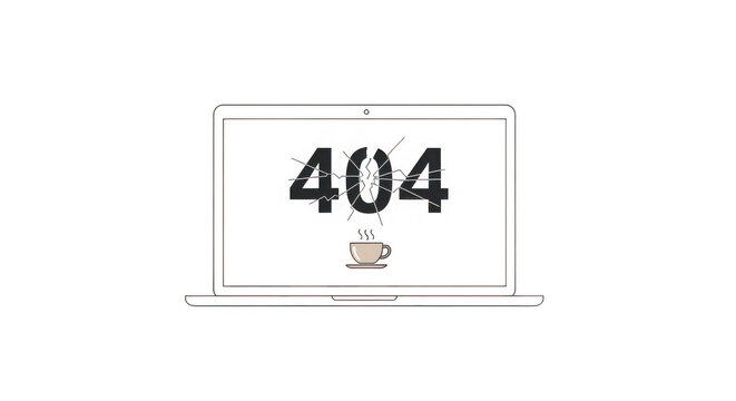 404 error page on laptop computer screen with cracked display and coffee cup transparent background